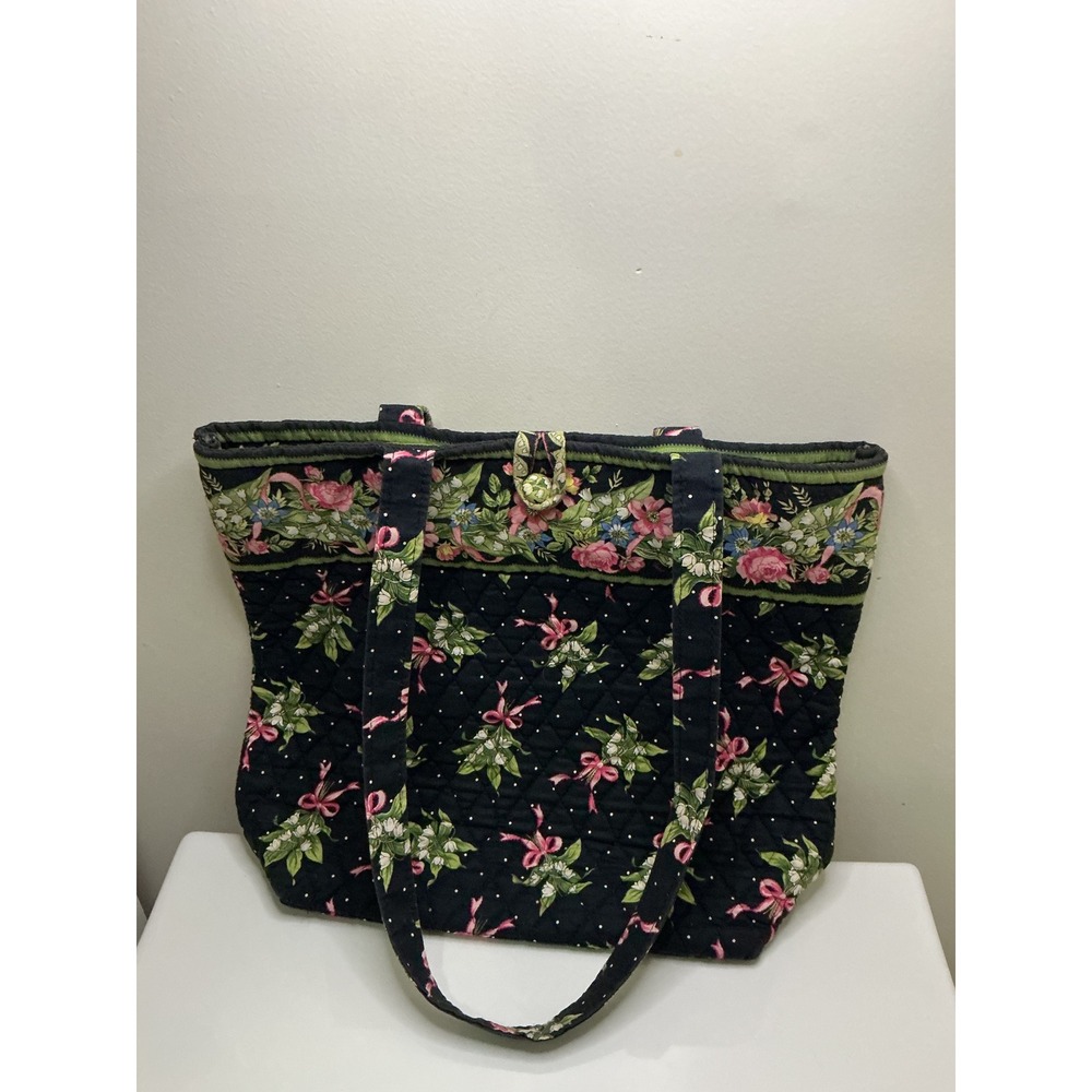 VTG Vera Bradley Quilted Cotton Tote Floral Pink Bows Black Green Retired